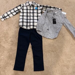 Button down shirts and pants set. Gray. White and black. Navy slacks. Size 7/8
